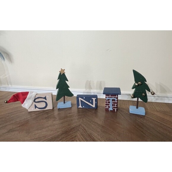 Santa Wood Sign Hand Painted/Red Clay Santa Rudolph Luminary Votive Holder VTG - Picture 1 of 16